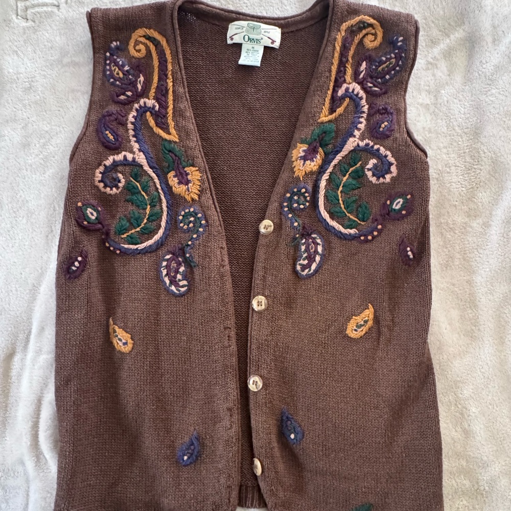 Vintage Brown Embroidered Knit Vest